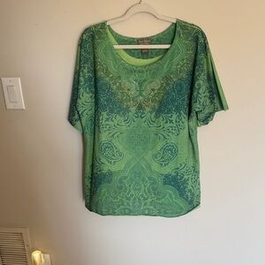Avenue Green Paisley Print Short Sleeve Top with Rhinestone Detail